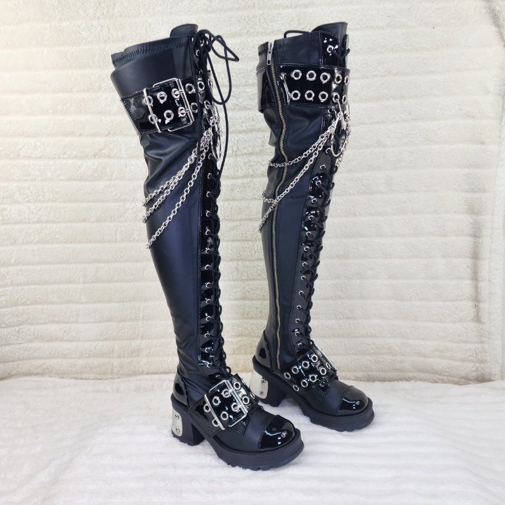 Bratty Big Buckle Strap Drape Chain Block Heel Stretch Thigh Goth Boots - Picture 3 of 15